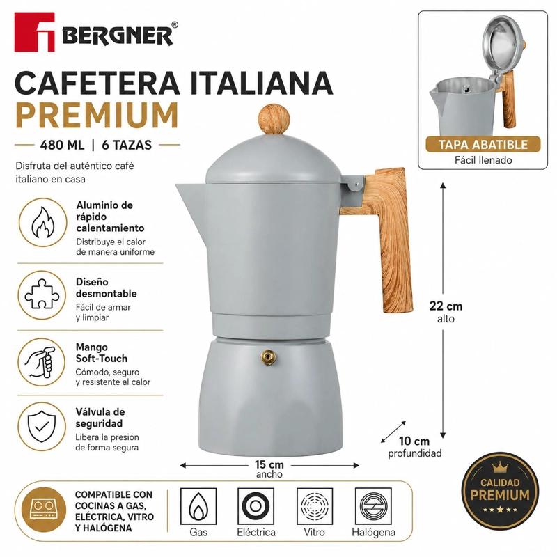 CAFETERA ITALIANA BERGNER PREMIUM DESMONTABLE 480ML - 6