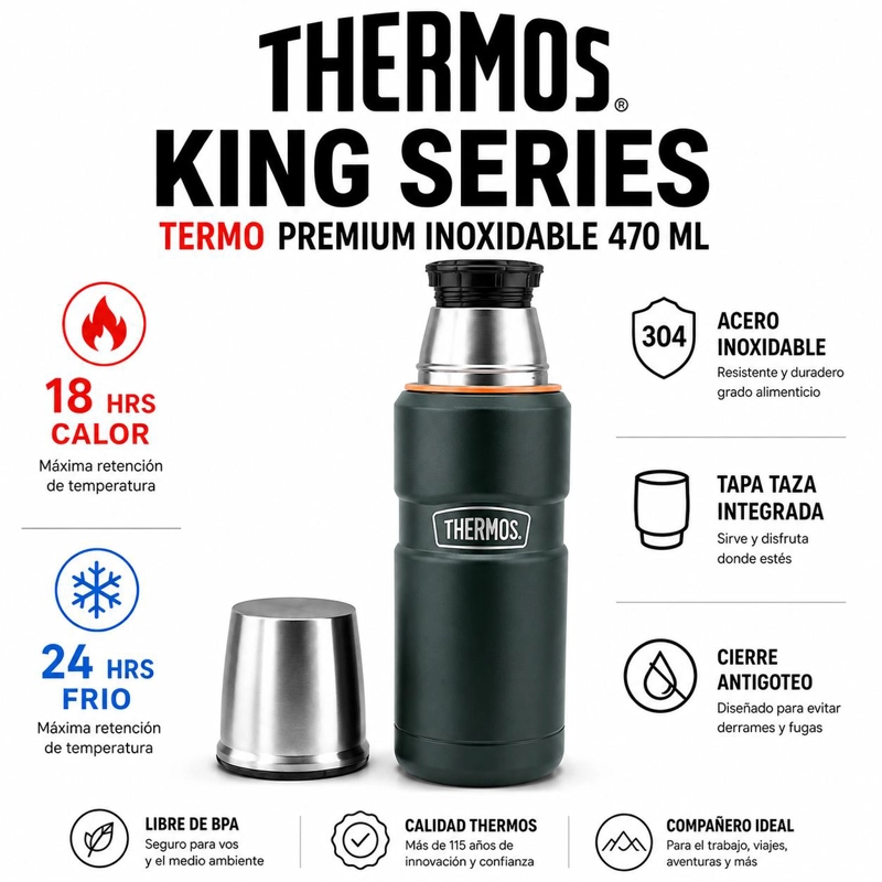 TERMO PREMIUM THERMOS KING INOX SK2000 470ML 18H/24H VERDE - 6