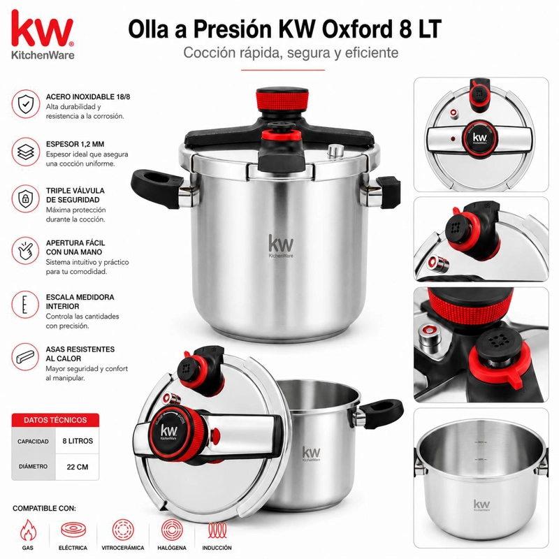 OLLA A PRESION KW OXFORD 8LT ACERO INOXIDABLE TRIPLE VALVULA - 7