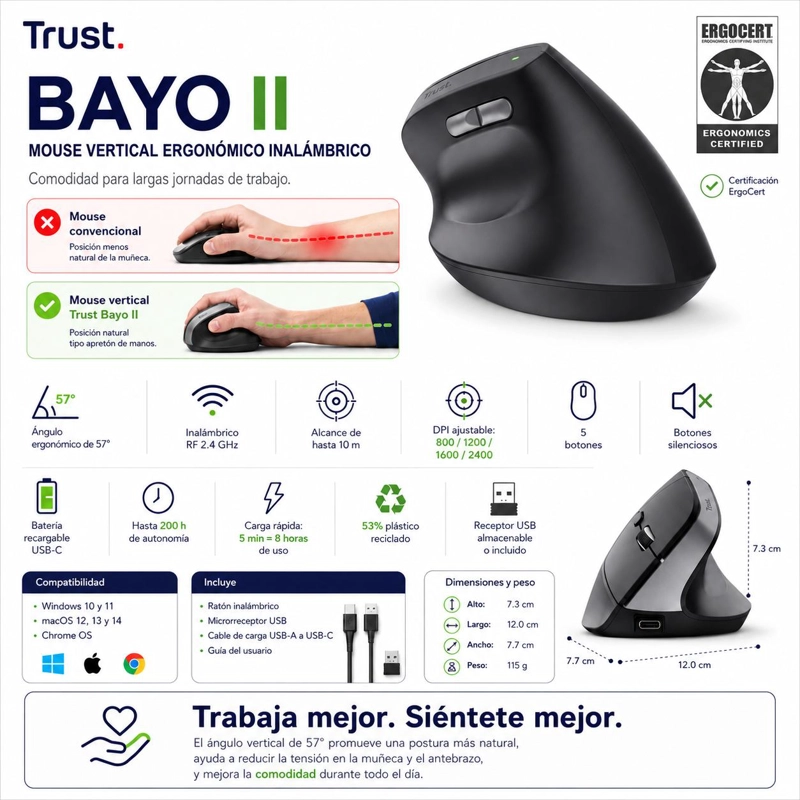 MOUSE VERTICAL INALAMBRICO TRUST BAYO II RECARGABLE ERGONOMICO - 8