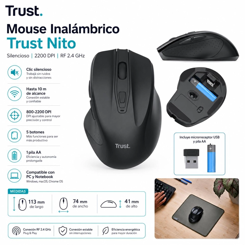 MOUSE INALAMBRICO TRUST NITO 2200 DPI ULTRA SILENCIOSO - 7