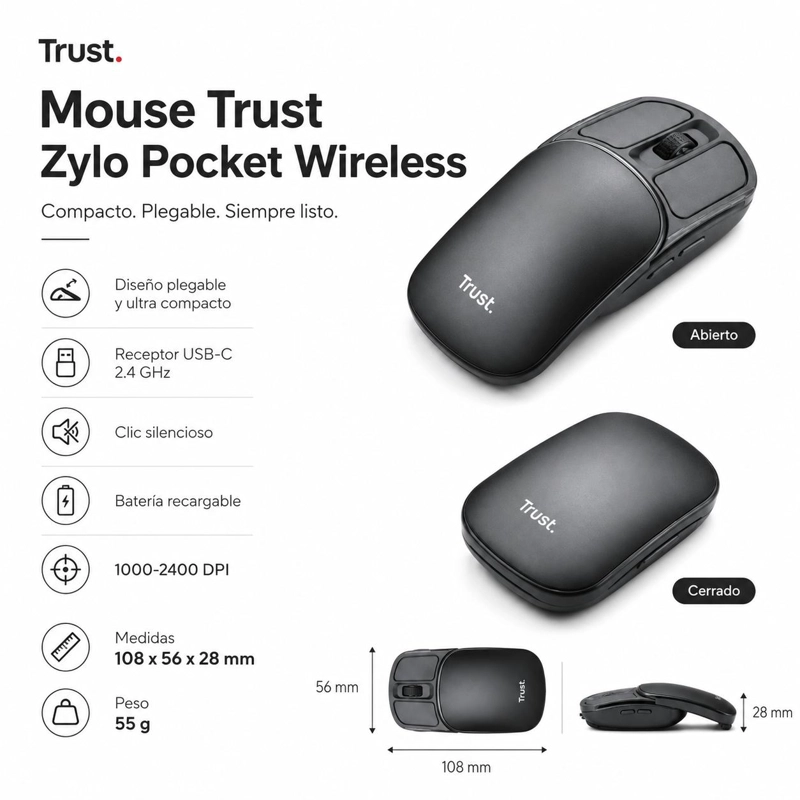 MOUSE INALAMBRICO TRUST ZYLO PLEGABLE ULTRA COMPACTO USB-C 2G - 7