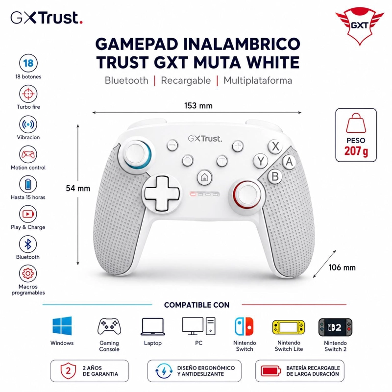 GEMEPAD INALAMBRICO TRUST MUTA GXT 1246 WHITE MULTIPLATAFORMAS - 8