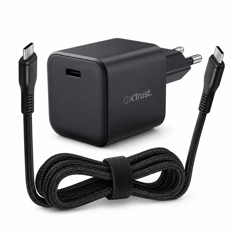 TRUST CARGADOR TRUST USB-C GAN 65W PD CON CABLE USB-C 2MT GXT 1258