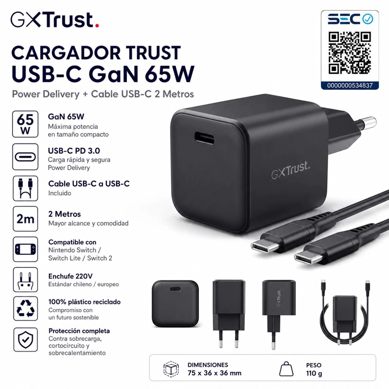 CARGADOR TRUST USB-C GAN 65W PD CON CABLE USB-C 2MT GXT 1258 - 8
