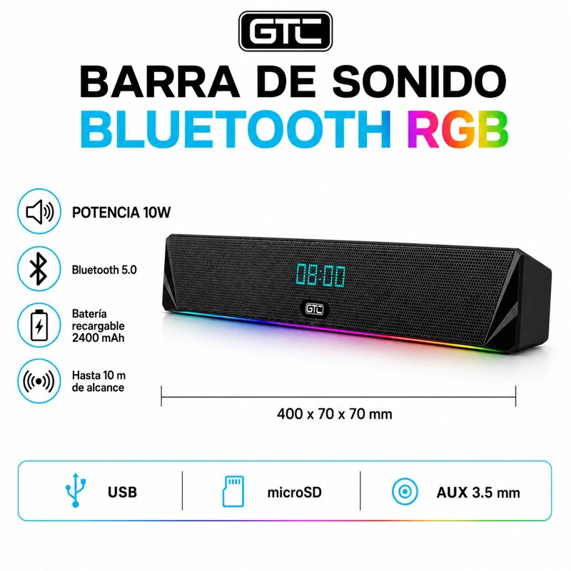 BARRA DE SONIDO INALAMBRICA BLUETOOTH RGB RECARGABLE - 6