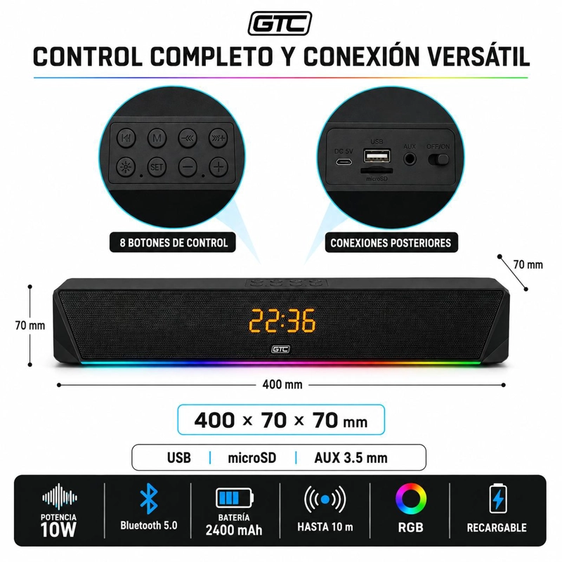 BARRA DE SONIDO INALAMBRICA BLUETOOTH RGB RECARGABLE - 7
