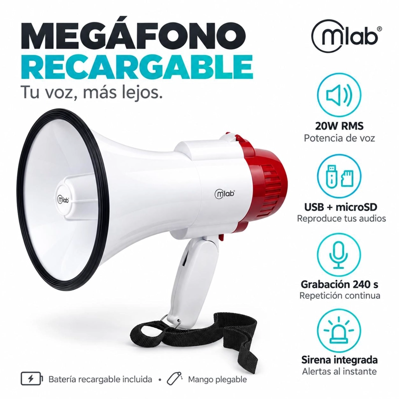MEGAFONO AMPLIFICADOR DE VOZ RECARGABLE USB 20W CON SIRENA - 5