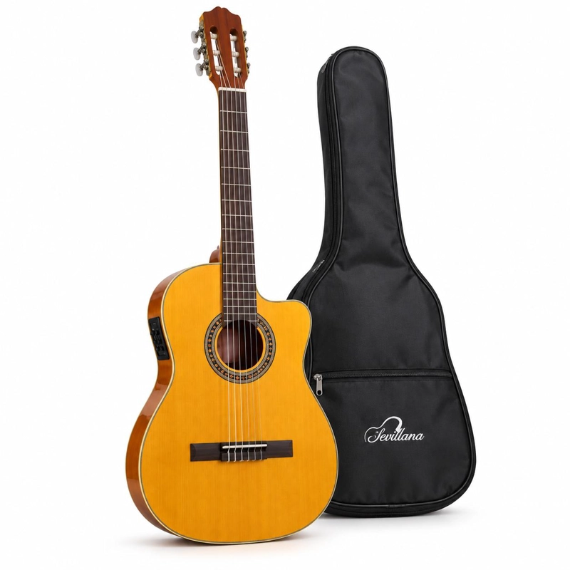 GUITARRA ELECTROACUSTICA SEVILLANA CUTAWAY ULTRA DELGADA NATURAL CON ECUALIZADOR Y FUNDA - 1