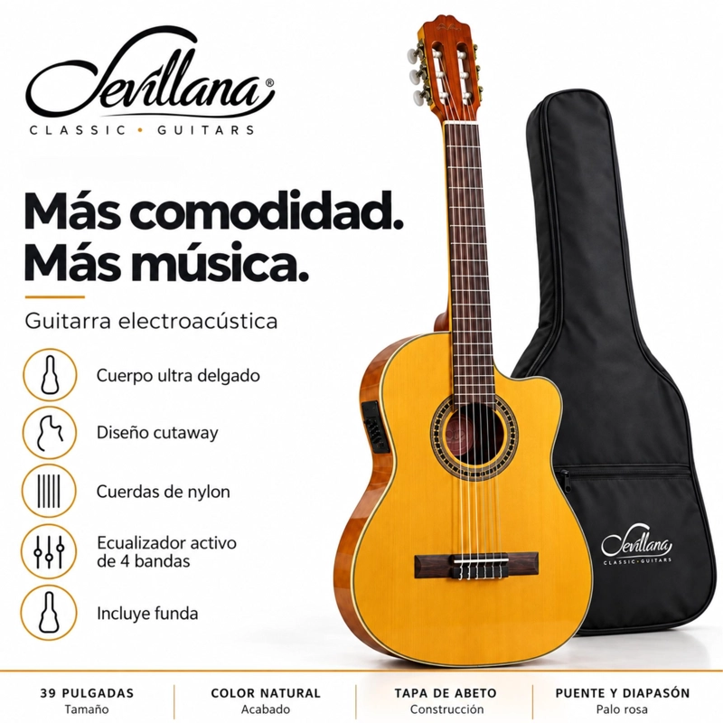 GUITARRA ELECTROACUSTICA SEVILLANA CUTAWAY ULTRA DELGADA NATURAL CON ECUALIZADOR Y FUNDA - 6