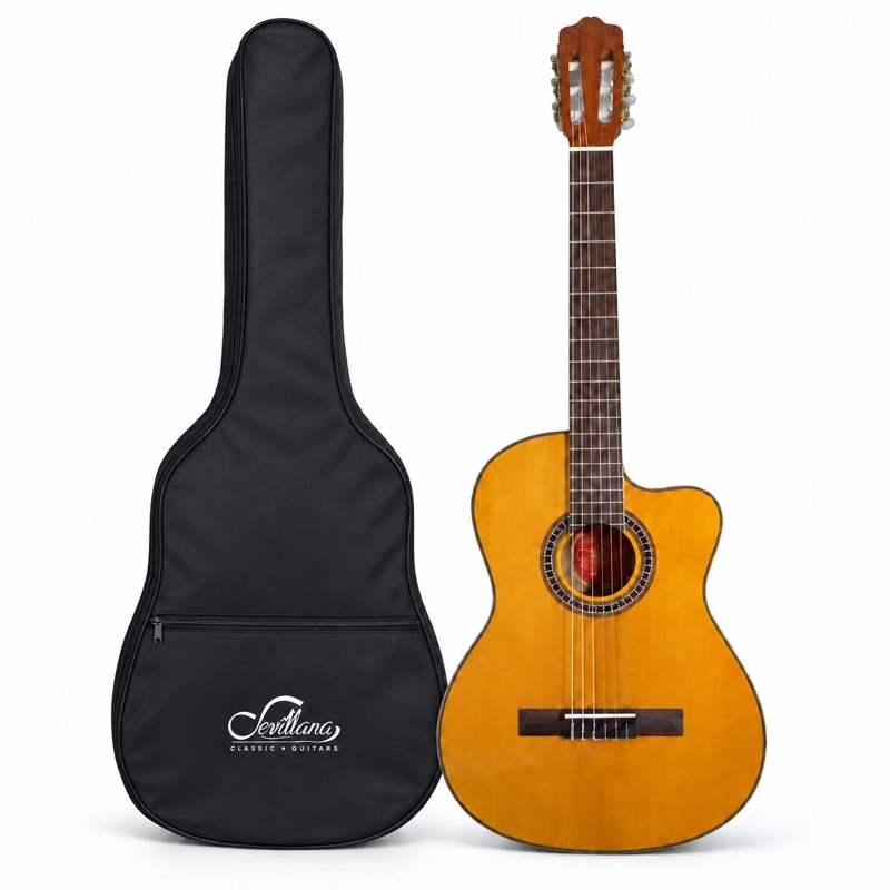 GUITARRA ELECTROACUSTICA SEVILLANA CUTAWAY ULTRA DELGADA NATURAL CON ECUALIZADOR Y FUNDA - 7