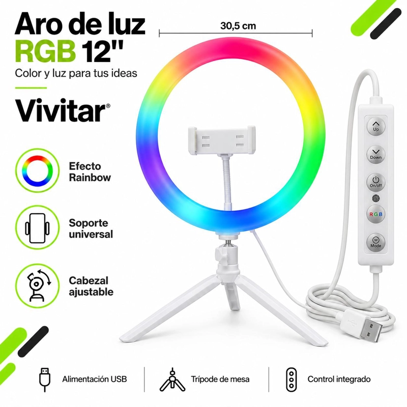 ARO DE LUZ MULTICOLOR RGB 12' CON SOPORTE PARA SMARTPHONE - 8