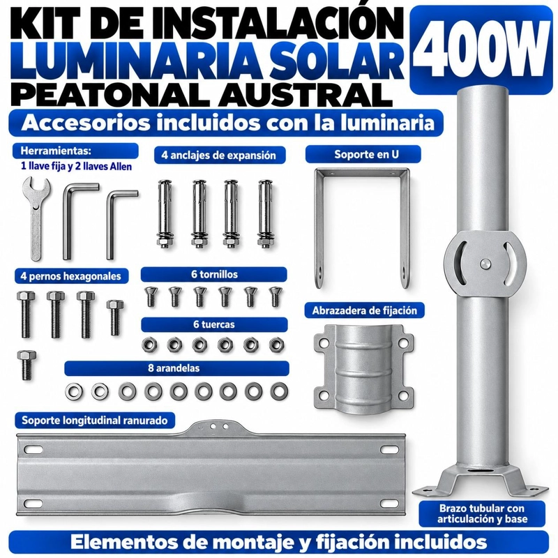LUMINARIA SOLAR PEATONAL AUSTRAL 400W CON PANEL DE ALTA EFICIENCIA - 8