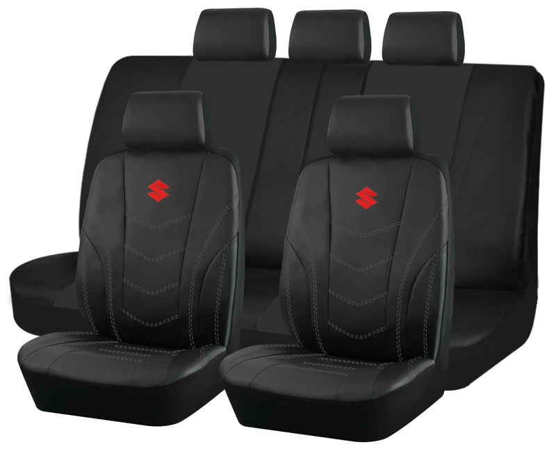 FUNDAS ASIENTO SUZUKI ECO CUERO NEGRO – 9 PIEZAS BORDADAS - 1