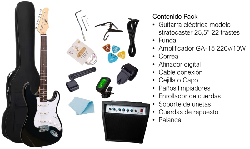 PACK COMBO GUITARRA ELECTRICA CON AMPLIFICADOR Y ACCESORIOS - COLOR NEGRO - 2