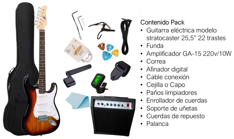PACK COMBO GUITARRA ELECTRICA CON AMPLIFICADOR Y ACCESORIOS - COLOR SUNBURST - 2
