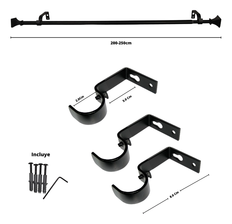 SET BARRA PARA CORTINA SIMPLE 13/16 MM EXTENSIBLE 120-200 CM NEGRO ORB PRISMA - 5
