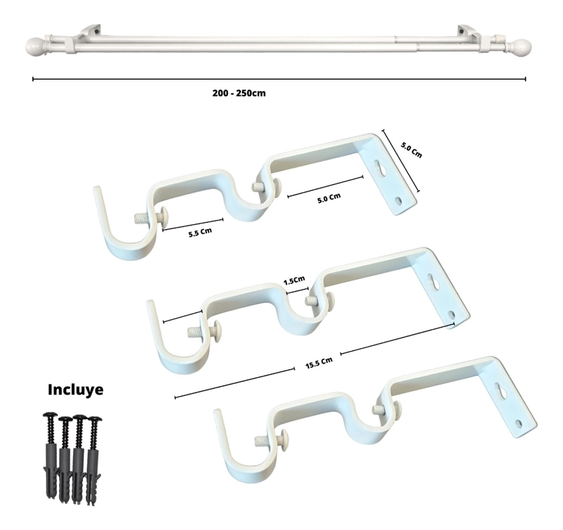 SET BARRAS PARA CORTINA DOBLE 13/16 MM EXTENSIBLE 200-250 CM BLANCO BOLA - 5