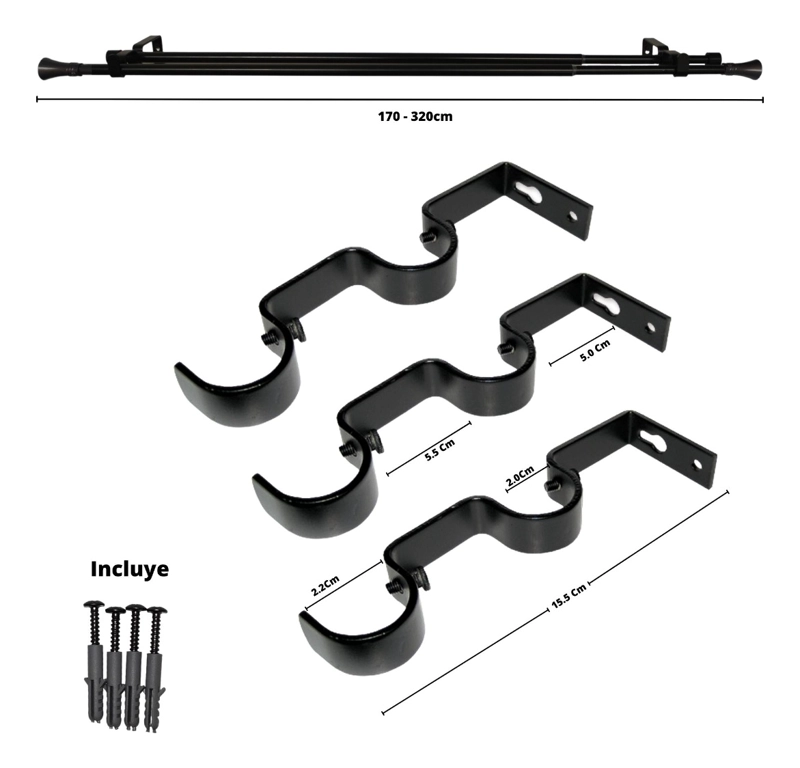 SET BARRAS PARA CORTINA DOBLE 16/19 MM EXTENSIBLE 170-320 CM A MURO NEGRO CONICO - 7