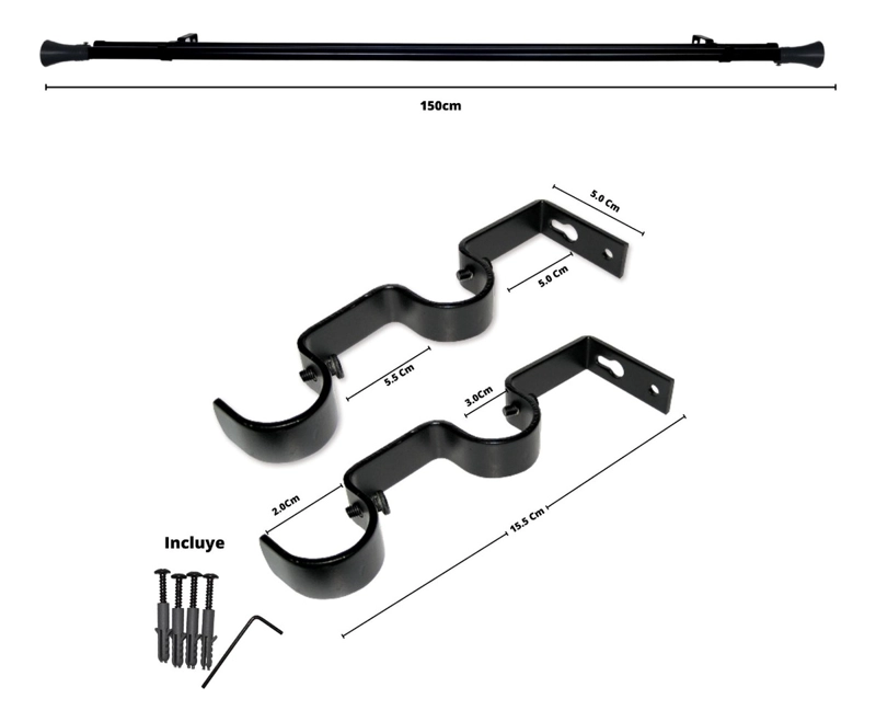 SET BARRAS PARA CORTINA DOBLE 19/28 MM METAL COLOR NEGRO X 1.50 MT TERMINAL CONICO - 6