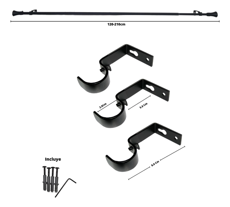 SET BARRA PARA CORTINA SIMPLE 16/19 MM EXTENSIBLE 120-210 CM A MURO NEGRO CONICO - 4