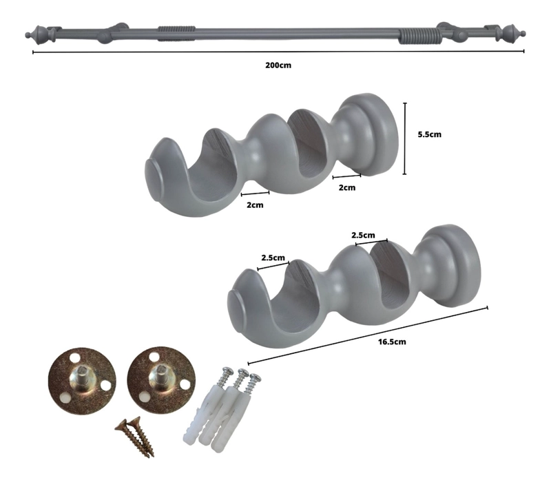SET BARRAS PARA CORTINA DOBLE 25/25 MM DE MADERA 2,00 MT COLOR GRIS TERMINAL KING - 2