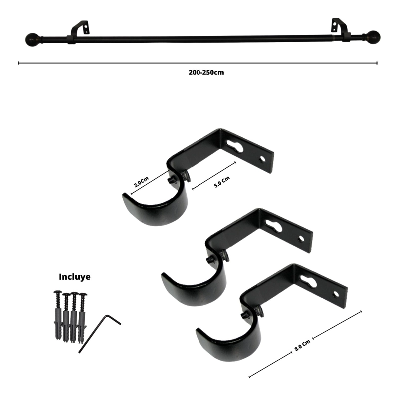 SET BARRA PARA CORTINA SIMPLE 13/16 MM EXTENSIBLE 200-250 CM NEGRO ORB BOLA - 5