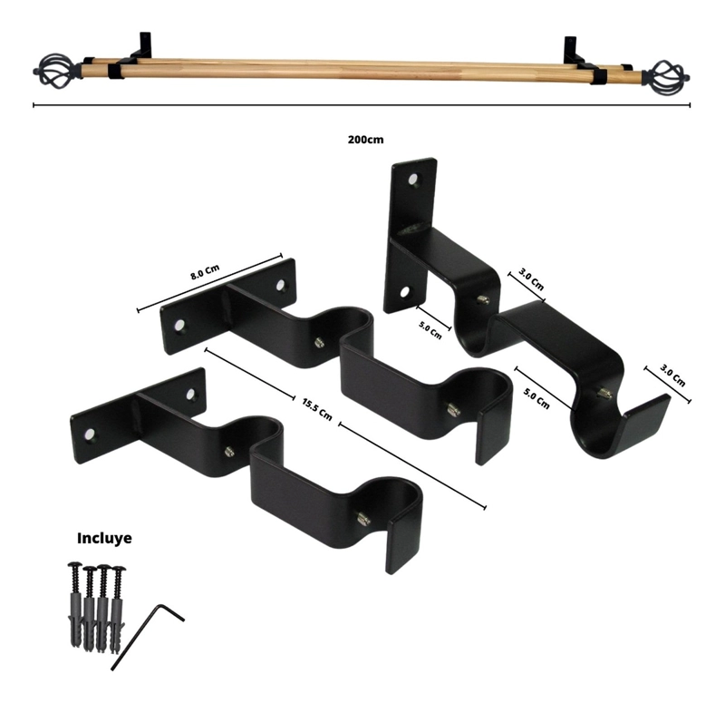 SET BARRAS PARA CORTINA DOBLE 19/28 MM DE MADERA Y METAL 2,00 MT NEGRO BOLA ALAMBRE - 4