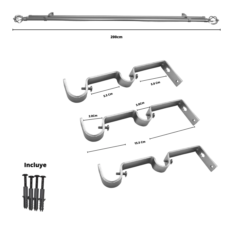 SET BARRAS PARA CORTINA DOBLE 19/28 MM METAL COLOR SATIN X 2.00 MT TERMINAL BOLA ALAMBRE - 4