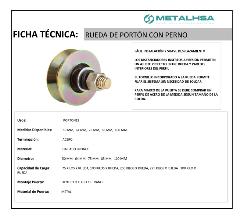 RUEDA METALHSA CON PERNO PORTÓN 64 MM - 4