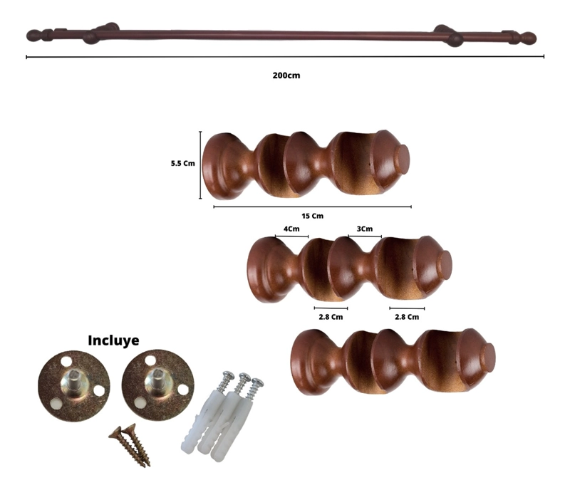 SET BARRAS PARA CORTINA DOBLE 19/28 MM DE MADERA 2,00 MT COLOR CAOBA TERMINAL BOLA - 5