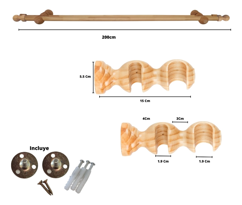 SET BARRAS PARA CORTINA DOBLE 19/28 MM DE MADERA 2,00 MT COLOR NATURAL - 5