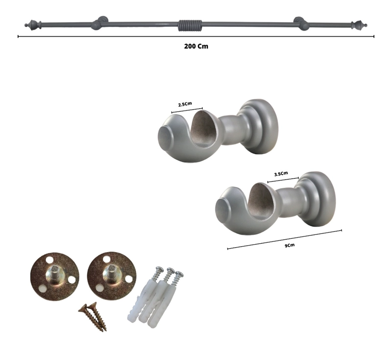SET BARRA PARA CORTINA SIMPLE 25 MM DE MADERA 2,00 MT COLOR GRIS TERMINAL KING - 4