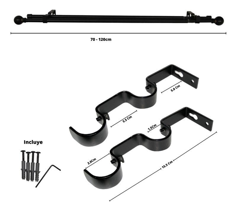 SET BARRAS PARA CORTINA DOBLE 13/16 MM EXTENSIBLE 70-120 CM NEGRO ORB BOLA - 7