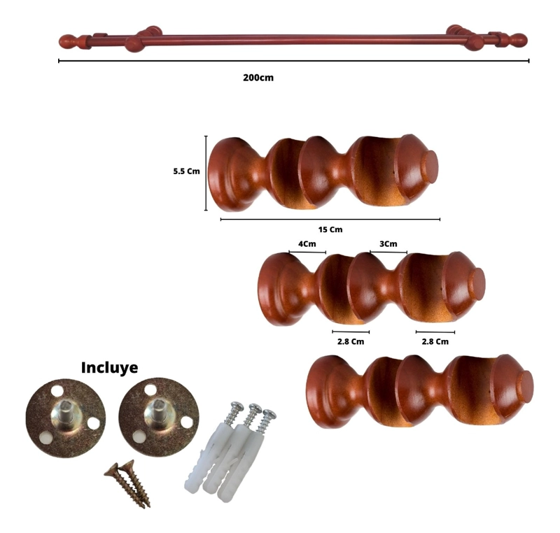 SET BARRAS PARA CORTINA DOBLE 19/28 MM DE MADERA 2,00 MT COLOR CHOCOLATE - 6