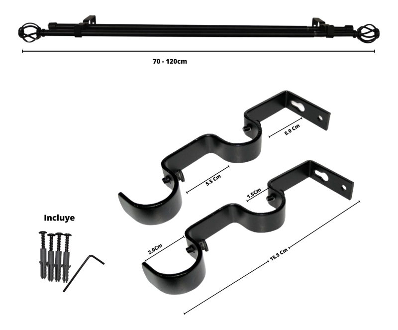 SET BARRAS PARA CORTINA DOBLE 13/16 MM EXTENSIBLE 70-120 CM NEGRO ORB NIDO - 6