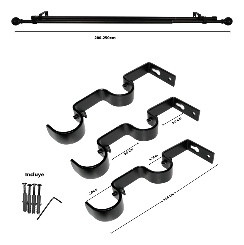 SET BARRAS PARA CORTINA DOBLE 13/16 MM EXTENSIBLE 200-250 CM NEGRO BOLA - 7