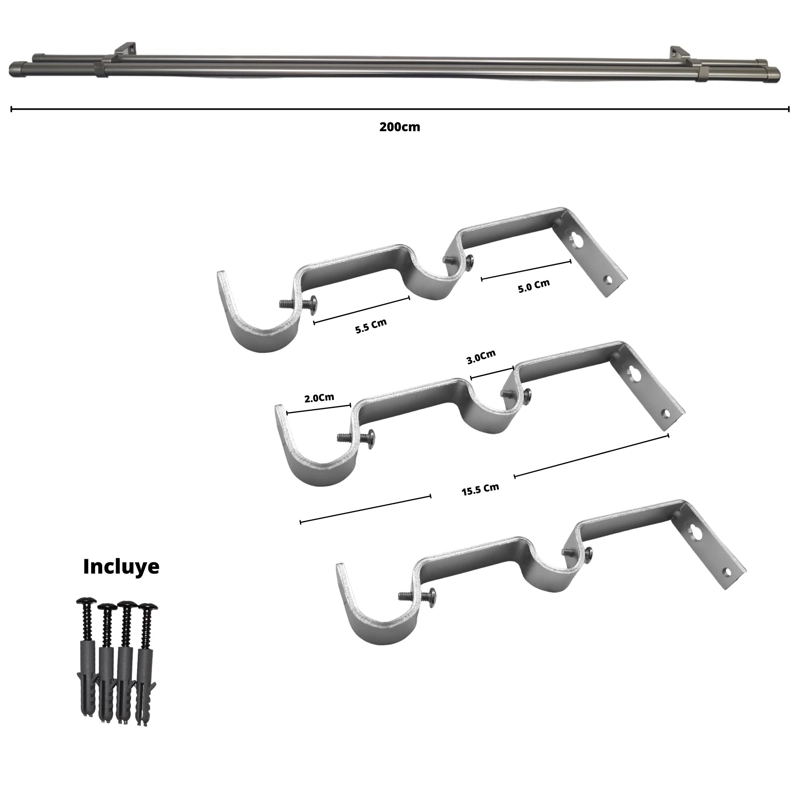 SET BARRAS PARA CORTINA DOBLE 19/28 MM METAL COLOR SATIN X 2.00 MT TERMINAL TOPE - 2