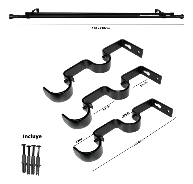 SET BARRAS PARA CORTINA DOBLE 16/19 MM EXTENSIBLE 120-210 CM A MURO NEGRO CONICO - 6