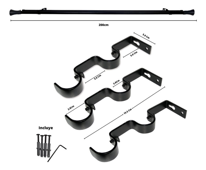 SET BARRAS PARA CORTINA DOBLE 19/28 MM METAL COLOR NEGRO X 2.00 MT TERMINAL CONICO - 6