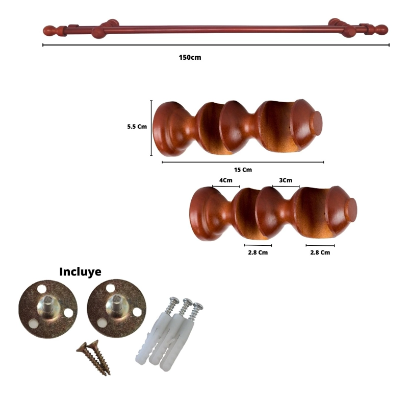 SET BARRAS PARA CORTINA DOBLE 19/28 MM DE MADERA 1,50 MT COLOR CHOCOLATE - 4