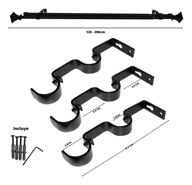SET BARRAS PARA CORTINA DOBLE 13/16 MM EXTENSIBLE 120-200 CM NEGRO ORB PRISMA - 6
