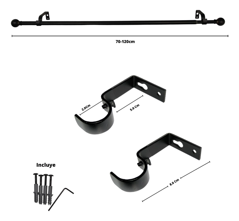 SET BARRA PARA CORTINA SIMPLE 13/16 MM EXTENSIBLE 70-120 CM NEGRO ORB BOLA - 5