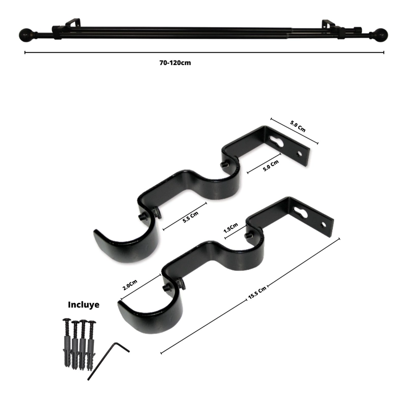 SET BARRAS PARA CORTINA DOBLE 13/16 MM EXTENSIBLE 70-120 CM NEGRO BOLA - 7