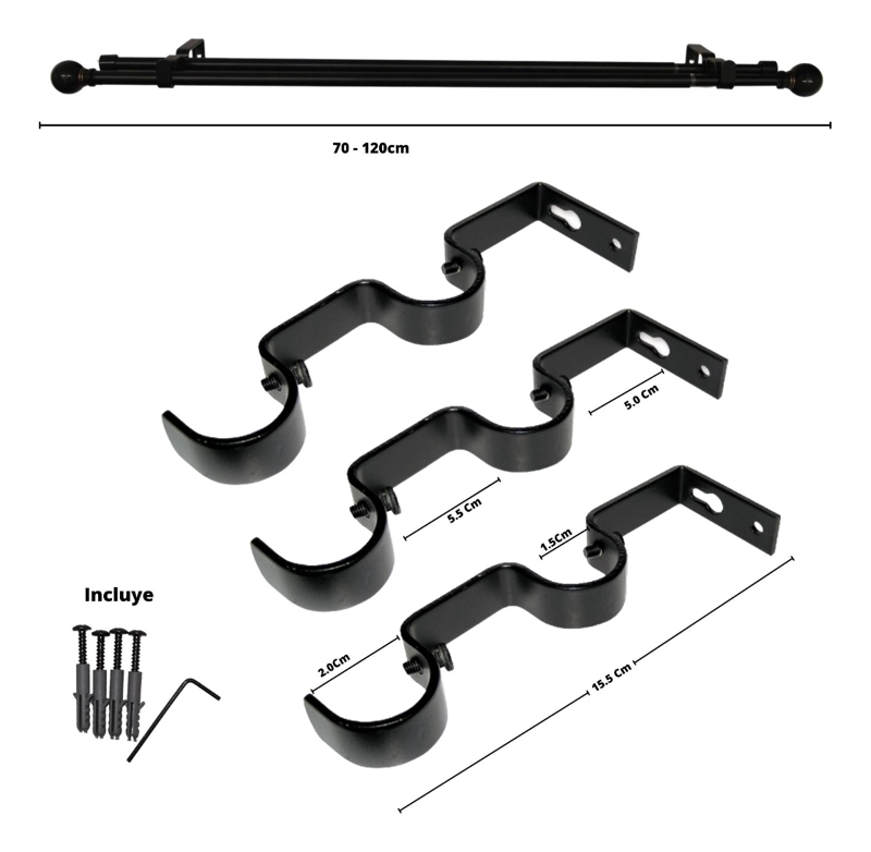 SET BARRAS PARA CORTINA DOBLE 13/16 MM EXTENSIBLE 120-200 CM NEGRO ORB BOLA - 9