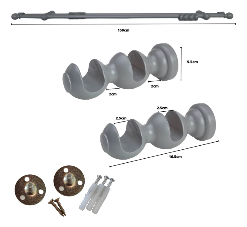 SET BARRAS PARA CORTINA DOBLE 25/25 MM DE MADERA 1,50 MT COLOR GRIS TERMINAL BOLA - 2