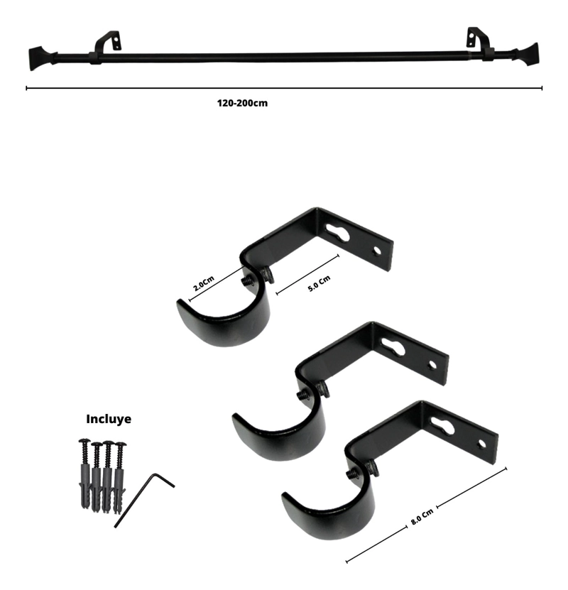 SET BARRA PARA CORTINA SIMPLE 13/16 MM EXTENSIBLE 120-200 CM NEGRO PRISMA - 5