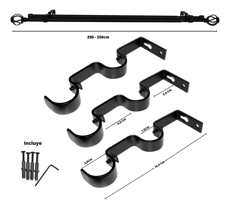 SET BARRAS PARA CORTINA DOBLE 13/16 MM EXTENSIBLE 200-250 CM NEGRO ORB NIDO - 6