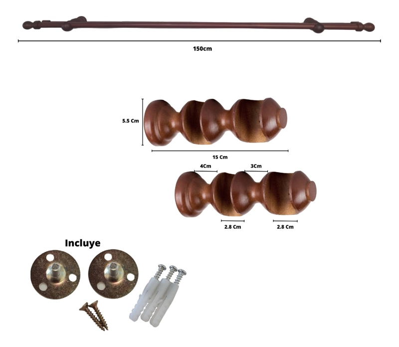 SET BARRAS PARA CORTINA DOBLE 19/28 MM DE MADERA 1,50 MT COLOR CAOBA TERMINAL BOLA - 5