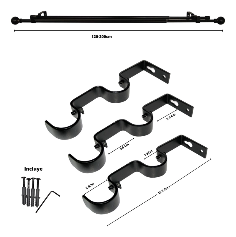 SET BARRAS PARA CORTINA DOBLE 13/16 MM EXTENSIBLE 120-200 CM NEGRO BOLA - 9